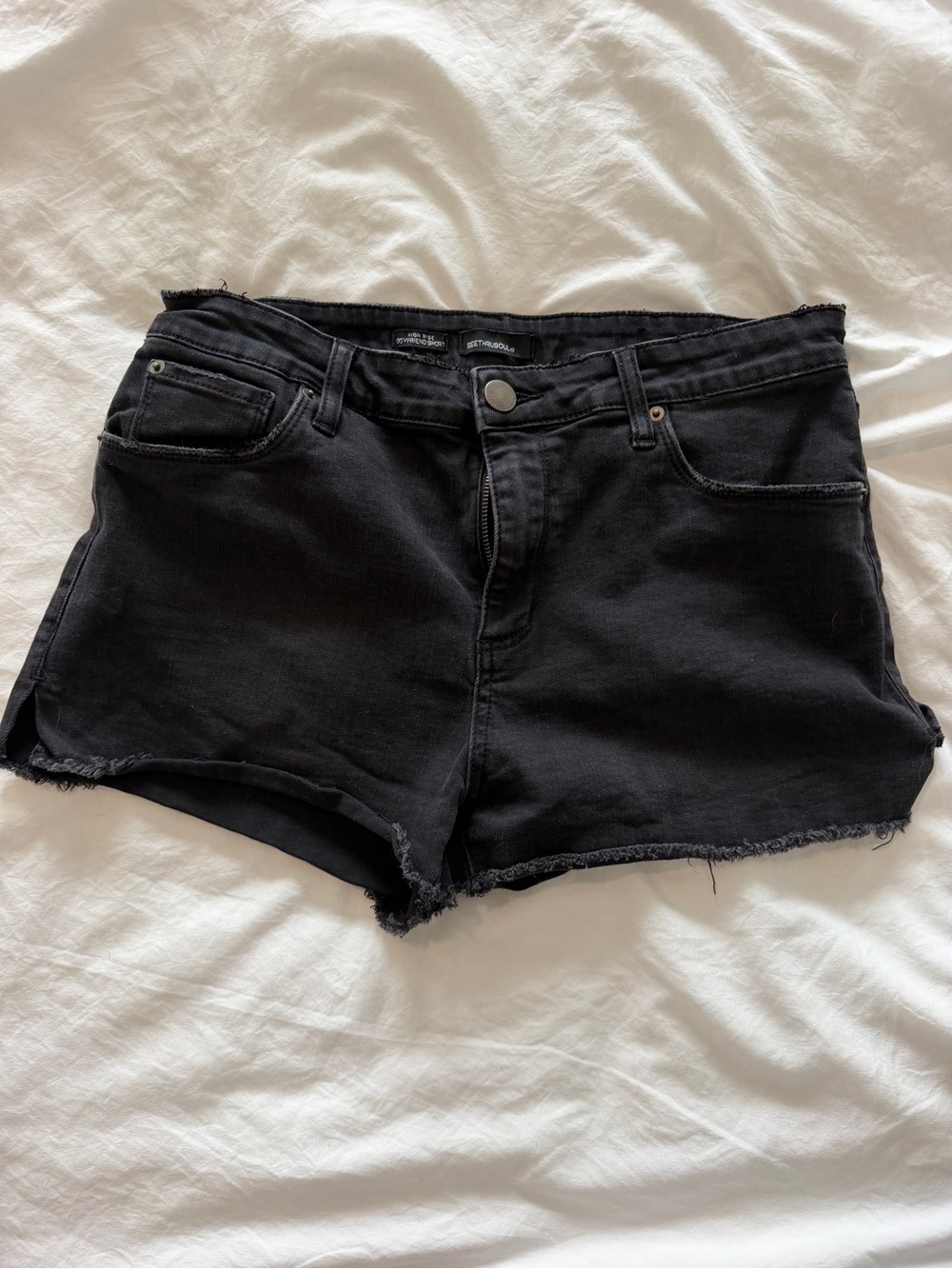 SEETHROUGH Black High Rise Distressed Cutoff Denim Shorts Size 30
